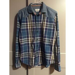 Zara Man Long Sleeve Snap Button Up Chambray Denim/Plaid Blue Medium Western